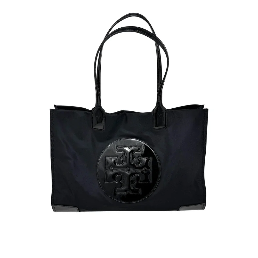 Tory Burch Ella Tote Black Nylon Patent Trim Double T Logo Large Shoulder Bag